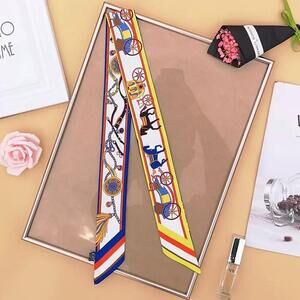 #18 FLASH Luxury Style Carriage & Horse Print Silky Skinny Purse Scarf Yellow